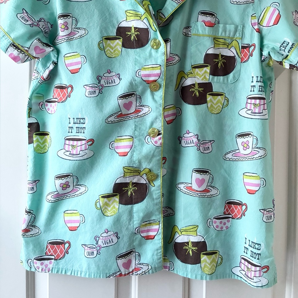 P.J. Salvage Cotton Pajama Set Short Sleeve Morning Breakfast Coffee Teal Size L - Picture 5 of 15